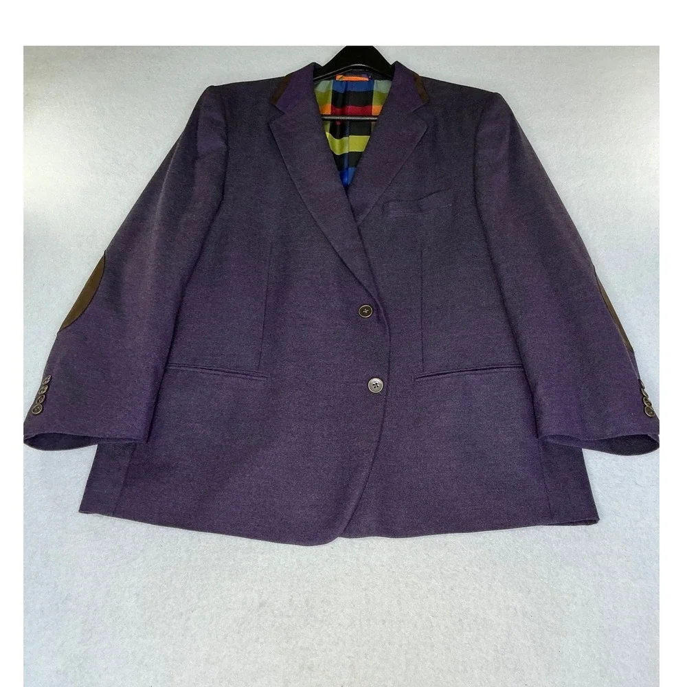 Tallia Blazer Mens 50R Purple Elbow Patches Rainbow Plaid Lining Sport Coat